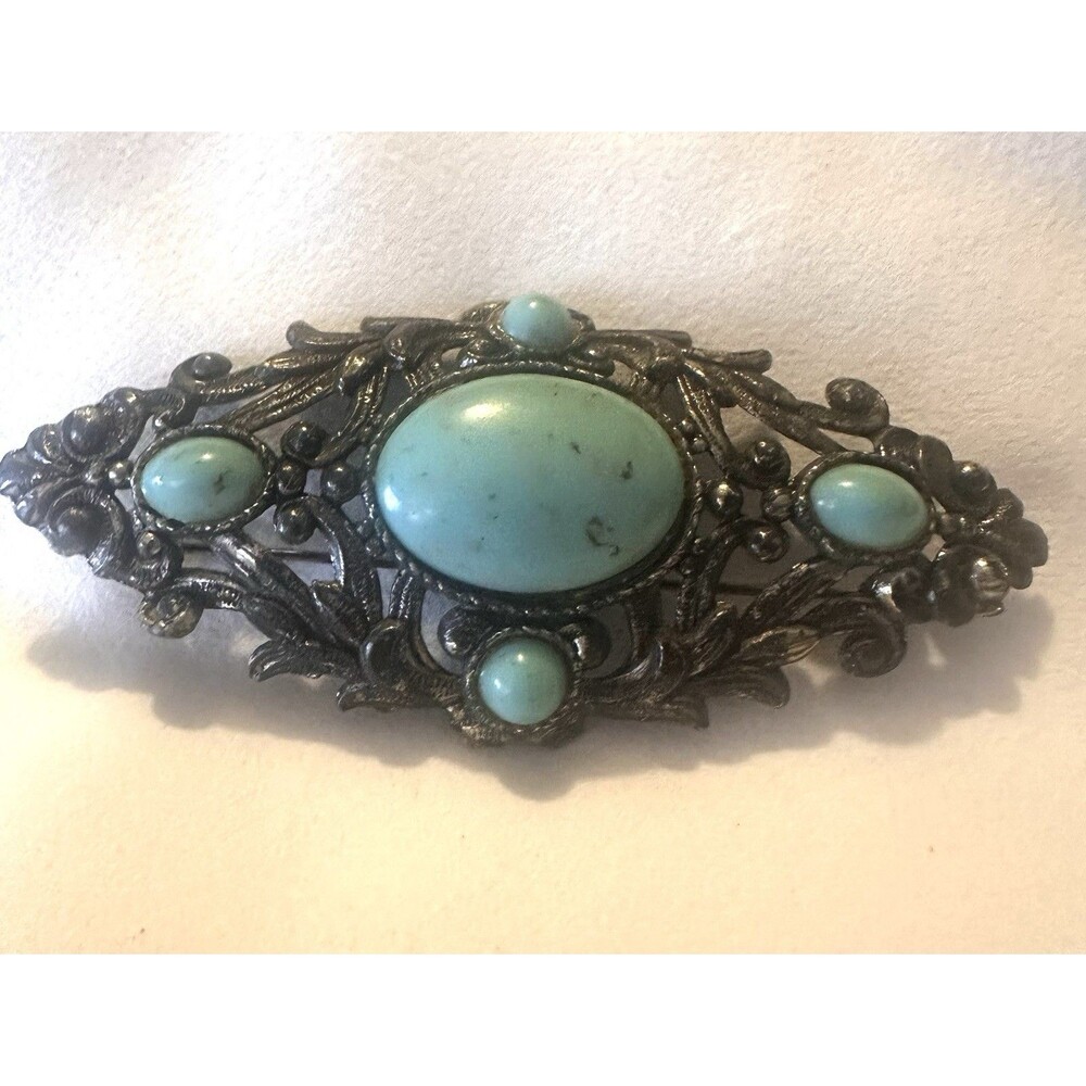Vintage Faux Turquoise Brooch Ornate Filigree Silver Tone Victorian Style